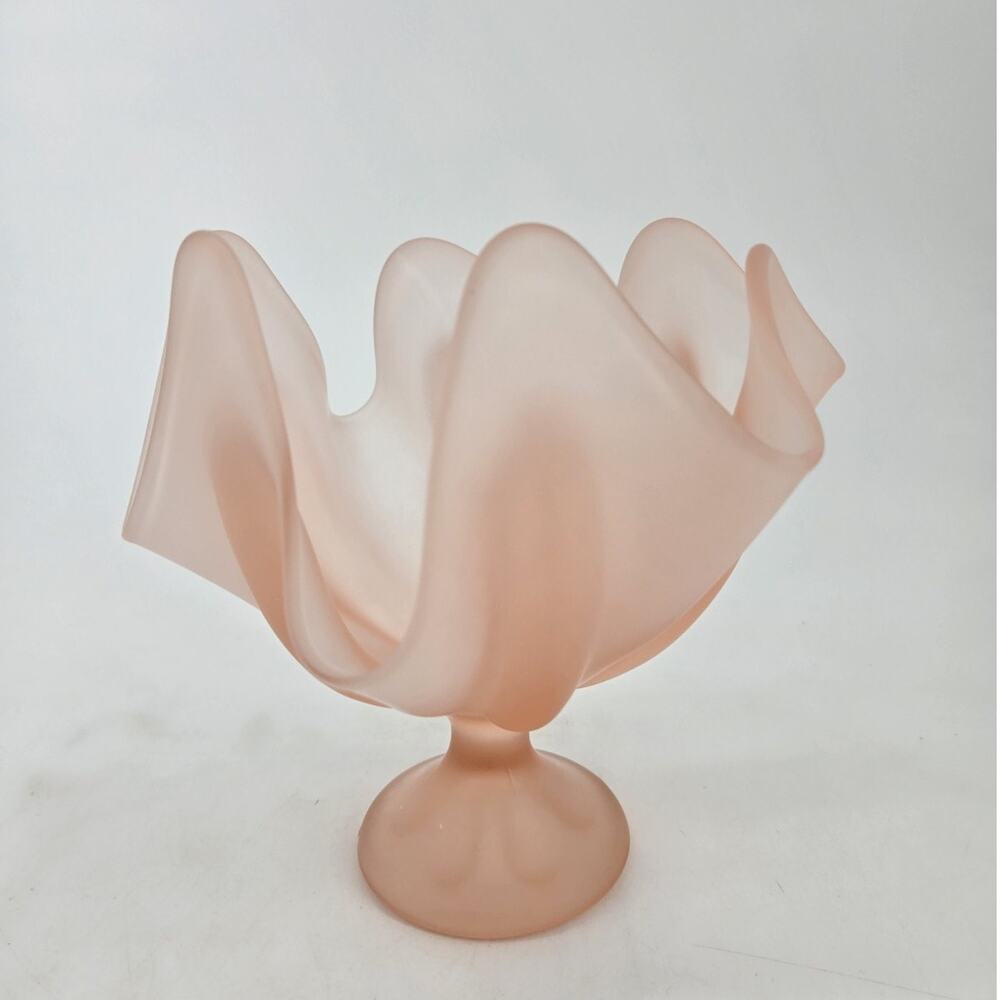 MCM Viking Glass Epic Pink Satin Six Petal Handkerchief Pedestal Compote Dish